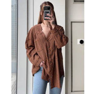 Free People Brown Stripe Button Up Tunic Blouse - Size L